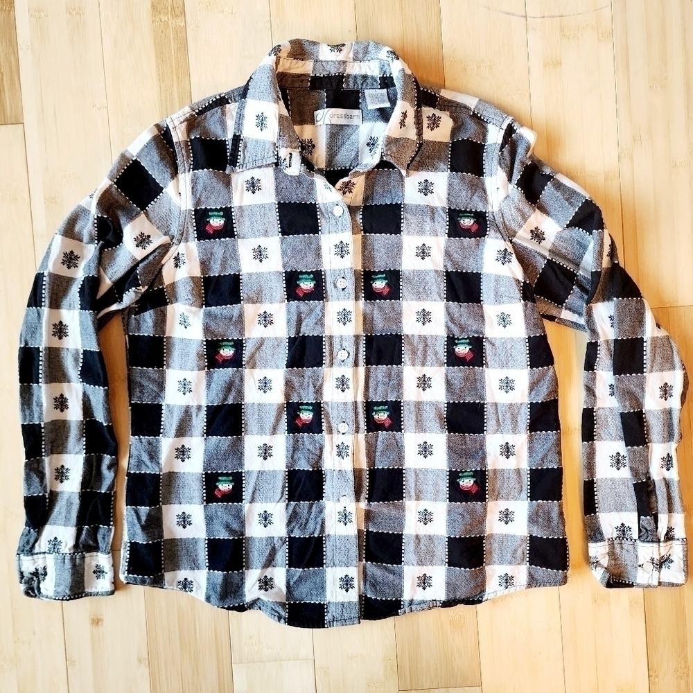 Dress Barn Black White Snowman Plaid Button Shirt Women's Large L Christmas EUC